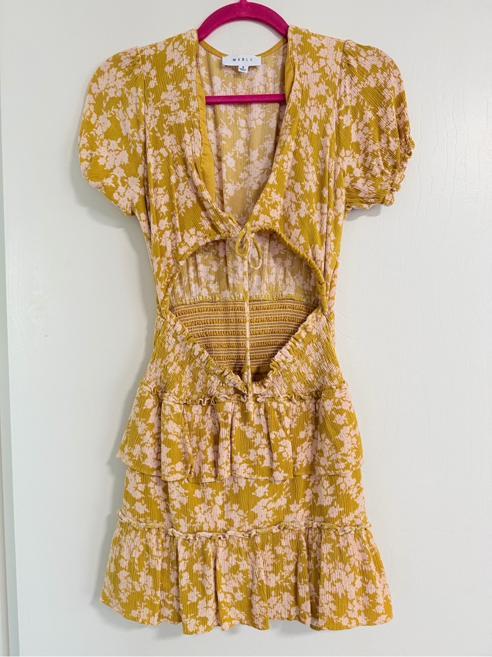 MARBLE Mustard Yellow & Light Pink Floral Cutout Mini Dress